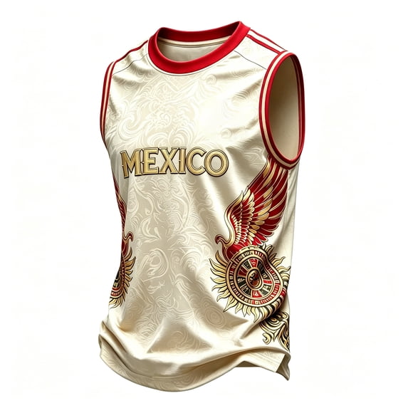 Mexico 2026 Soccer Cup Sleeveless Jersey for Men, Muscle Tank Top with Gold Winged Sun Graphic & "MÉXICO" Print, Breathable Athletic Training Vest, 1 PC Gold S