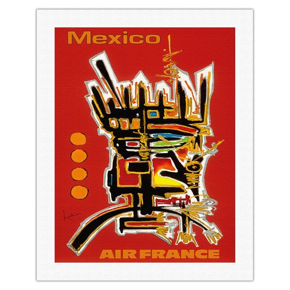 Mexico - Abstract Mayan Art - France - Vintage Airline Travel Poster by Georges Mathieu c.1960 - Fine Art Rolled Canvas Print 20in x 26in