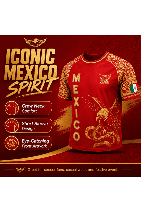 Mexico Aztec Heritage Red Eagle Soccer Jersey Shirt Soccer Fan Tee with Bold Cultural Inspired Graphic for Match Day, Watch Parties and Casual Supporter Outfits