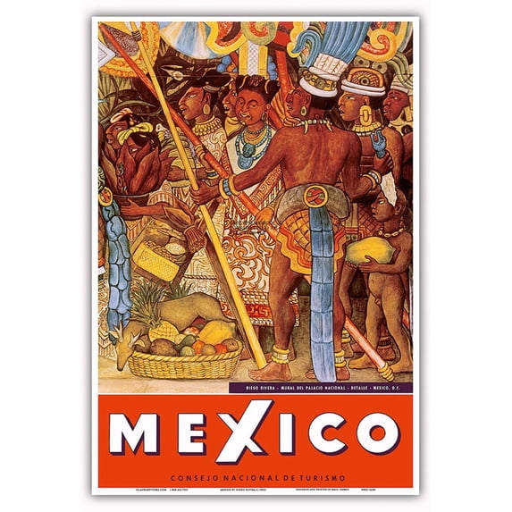 Mexico - Aztec Indians - Detail from Mural - National Palace (Palacio Nacional) - Mexico City - Vintage Travel Poster by Diego Rivera c.1950s - Master Art Print (Unframed) 13in x 19in