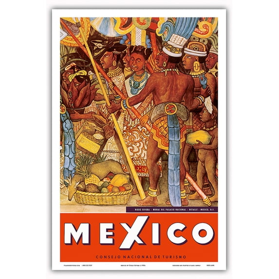 Mexico - Aztec Indians - Detail from Mural - National Palace (Palacio Nacional) - Mexico City - Vintage Travel Poster by Diego Rivera c.1950s - Master Art Print (Unframed) 12in x 18in
