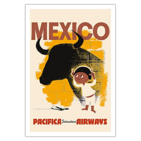 Mexico - Bull and Boy Matador - Pacifica International Airways - Vintage Airline Travel Poster c.1950s - Fine Art Matte Paper Print (Unframed) 30x44in