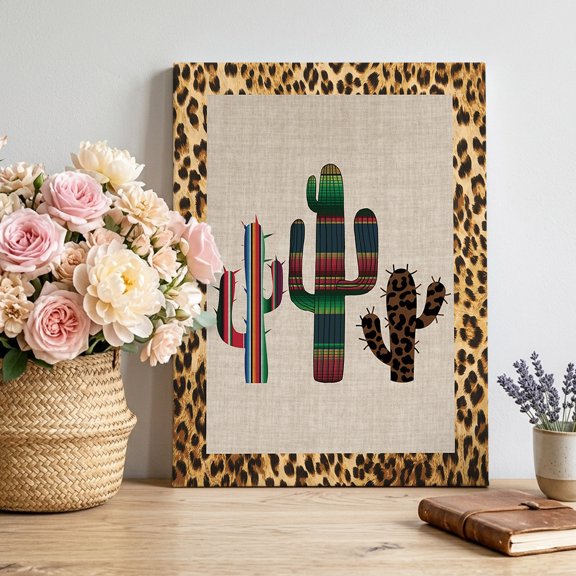 Mexico Cactus Canvas Wall Art, Leopard Print Background Pictures Wall Decor Wooden Framed Artwork Art Prints for Living Room Hallway Bedroom Office 8"x10"