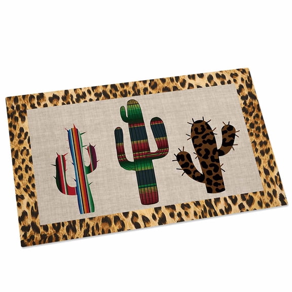Mexico Cactus Door Mat 16x24 Inch Leopard Print Background Entryway Rug with Non-Slip Rubber, Front Door Rug Indoor Floor Mats for Living Room Bathroom Bedroom Home Office