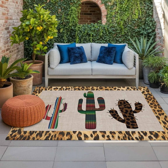 Mexico Cactus Indoor Outdoor Rugs 4x6 Ft, Leopard Print Background Outdoor Patio Rugs Mat Washable Outside Area Rugs Carpet for Porch Deck RV Camping Pool Balcony Backyard
