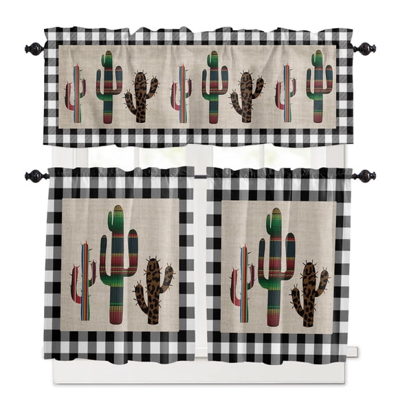 Mexico Cactus Kitchen Curtains Valances and Tiers Set of 3, 24 Inch Length Tier Curtains and Valance Rod Pocket Valance Curtains Set for Kitchen Bathroom Small Windows