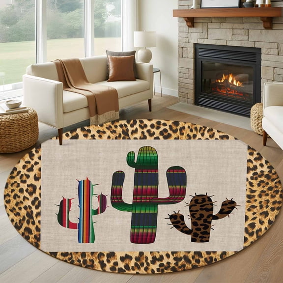 Mexico Cactus Round Living Room Rugs 6 ft, Leopard Print Background Washable Area Rug with Non-Slip Sturdy Edge Binding Round Carpet for Kitchen Office Bedroom