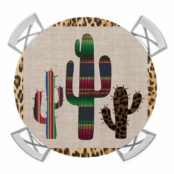 Mexico Cactus Round Table Cover, Leopard Print Background Waterproof Fitted Tablecloths for 45"-54" Tables, Washable Picnic Table Cover for Camping Dining Indoor Outdoor