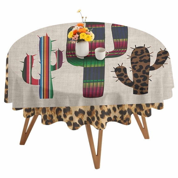 Mexico Cactus Round Tablecloth 54 inches Leopard Print Background Waterproof Oil-Proof Table Cloth Round Table Cover for Holiday Party Picnic Dinner Decor Indoor and Outdoor Use