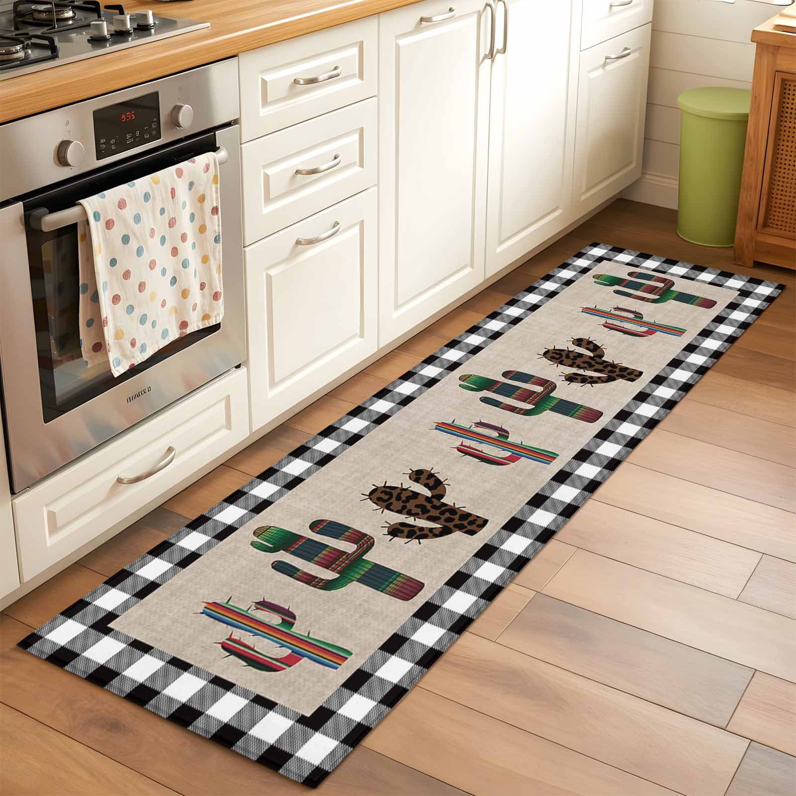 Mexico Cactus Runner Rug for Hallway 2x6ft, Black and White Plaid Non Slip Floor Mat Washable Low-Profile Indoor Carpet for Living Room, Bedroom, Dining Room