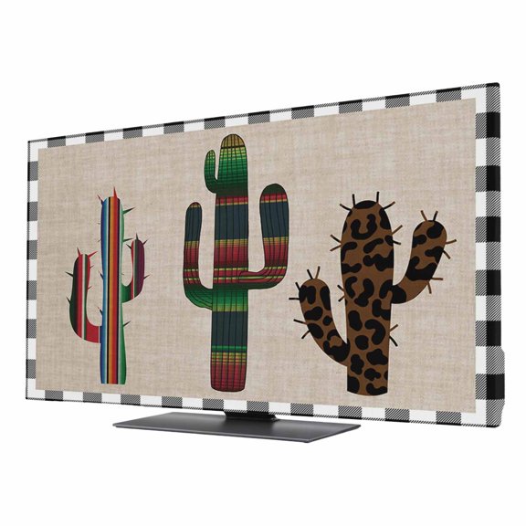 Mexico Cactus TV Dust Cover 24 Inch, Black and White Plaid Computer Monitor Cover Dustproof Stretchable Indoor TV Screen Protector for LED LCD Universal Monitors