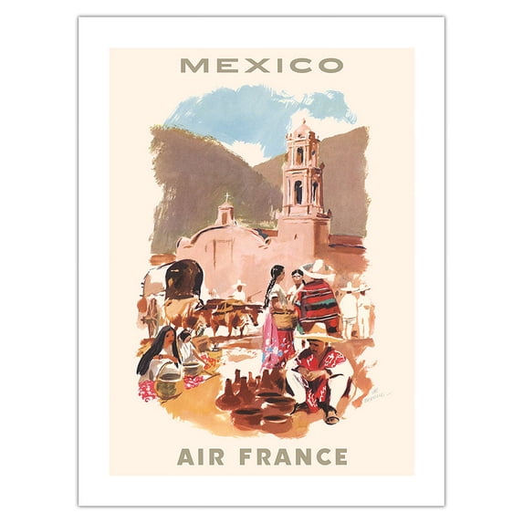 Mexico - Catholic Church - France - Vintage Airline Travel Poster by Georges Beuville c.1958 - Bamboo Fine Art 290gsm Paper (Unframed) 12x16in