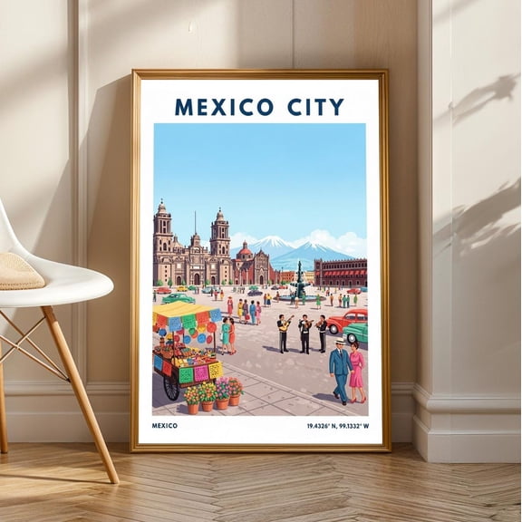 Mexico City Vintage Travel Poster: Colorful Mexican Cityscape Art Print, Unframed Canvas Size 24x36