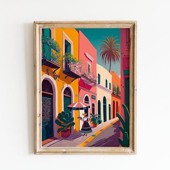 Mexico Cityscape Colorful Street Scene Wall Decoration, Unframed Paper Poster 8x10in