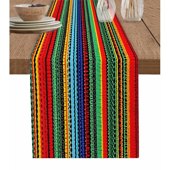 Mexico Colored Stripes Burlap Cotton Table Runner 13x108 Inches Long, Boho Bohemia Green Red Blue Farmhouse Table Runners, Outdoor Dining Tablecloths Decor for Baby Shower/Party/Wedding
