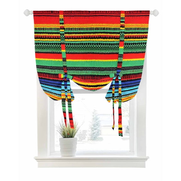 Mexico Colored Stripes Tie Up Curtains for Window, Thermal Insulated Balloon Shade Adjustable Rod Pocket Curtains Valance Panels for Kitchen Bathroom Cafe 52 x 63 Boho Bohemia Green Red Blue