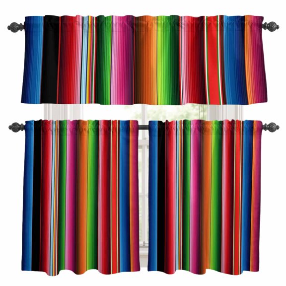 Mexico Colorful Stripes Kitchen Curtains Valances and Tiers Set of 3 Vertical Striped Tier Curtains and Valance with Rod Pocket for Small Windows, 27.5"x24"