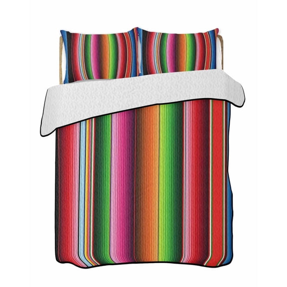 Mexico Colorful Stripes Quilts Bedding Set Twin Size Vertical Striped Lightweight Quilted Bedspread 3 Piece Bed Quilt with 2 Pillow Shams All Season for Bedroom 68" x 86"