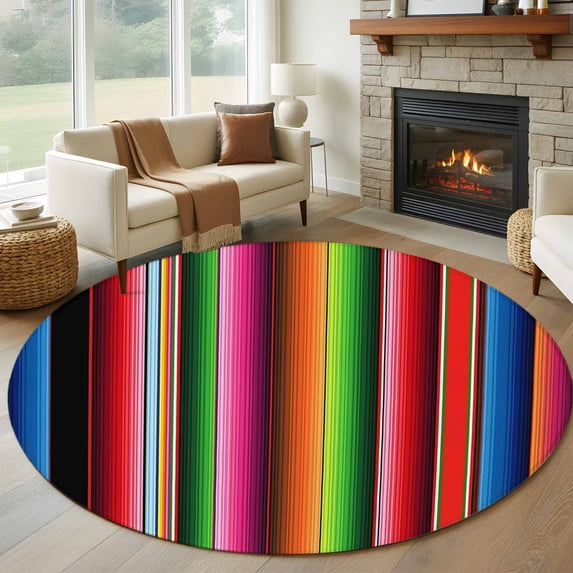 Mexico Colorful Stripes Round Living Room Rugs 5 ft, Vertical Striped Washable Area Rug with Non-Slip Sturdy Edge Binding Round Carpet for Entryway Kitchen Bedroom Bathroom