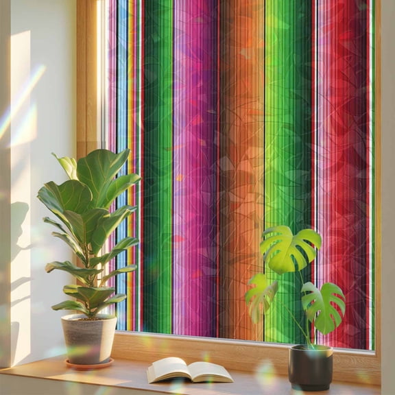 Mexico Colorful Stripes Window Privacy Film, Vertical Striped Stained Glass Rainbow Film Decorative Window Clings, Static Cling Sun Blocking Stickers 23.6" x 59"