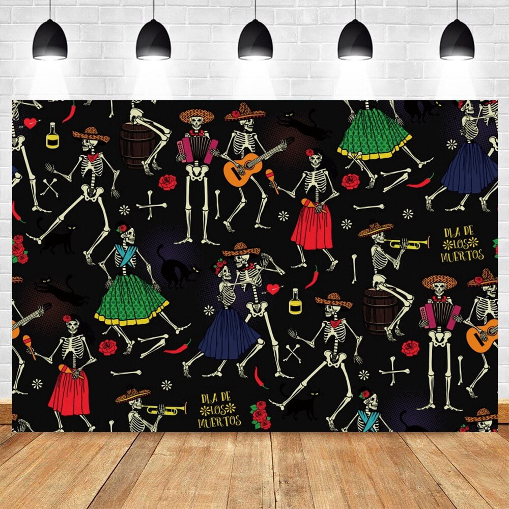 Day Of The Dead Backdrop 12x10ft - Dia De Muertos Vintage Classroom Photo Background