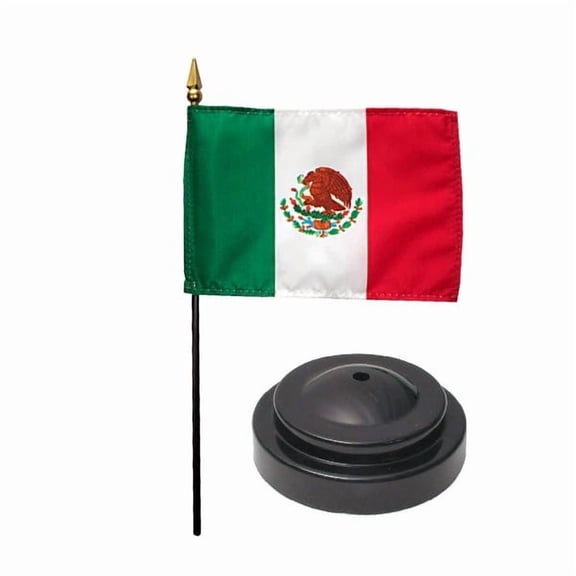 Mexico Desk Flag with Base; American Made Rayon 4x6 inch Miniature Table Set Includes One Small Mini Country Stick Flags and One Black Stand (Mexico Desk Flag and Base)