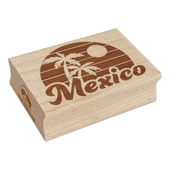 Mexico Destination Tropical Sunset with Palm Trees Rectangle Rubber Stamp Stamping Scrapbooking Crafting - Small 1.7in