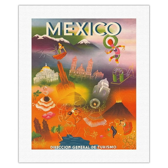 Mexico - Direccion General de Turismo (Department of Tourism) - Vintage Travel Poster 1950 - Fine Art Rolled Canvas Print 16in x 20in