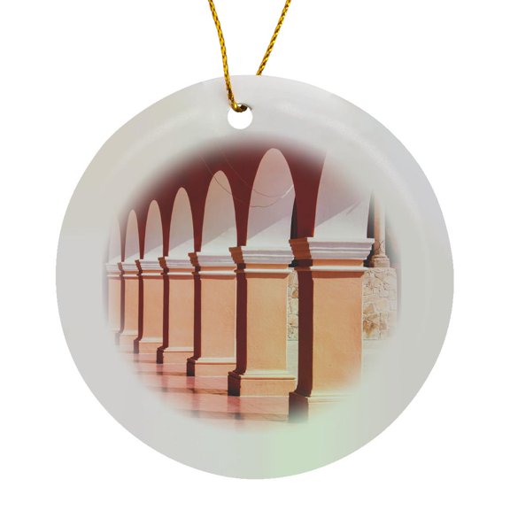 3drose, Mexico, Dolores Hidalgo, Walk Way with Arches of Buildings, Circle Porcelain Ornament