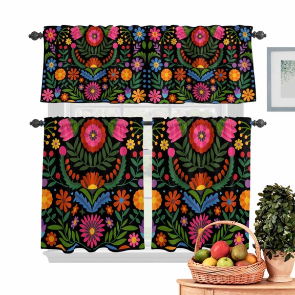 Mexico Festival Kitchen Curtains Valances 3 Piece Set, Watercolor Colorful Flowers Texture Rod Pocket Tier Curtain and Valance Drapes for Small Window 36 Inch Length for Bedroom Cafe