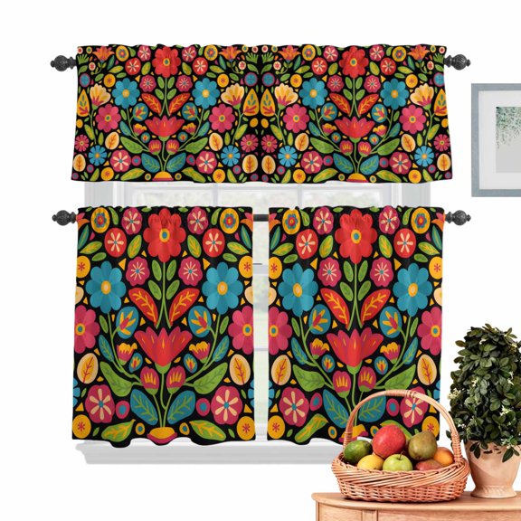 Mexico Festival Kitchen Curtains Valances 3 Piece Set, Watercolor Red Blue Flowers Texture Rod Pocket Tier Curtain and Valance Drapes for Small Window 24 Inch Length for Bedroom Cafe