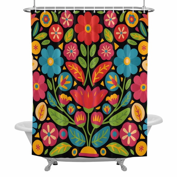 Mexico Festival Shower Curtain for Bathroom, Watercolor Red Blue Flowers Texture Waterproof Cloth Fabric Bathroom Accessories Set with 12 Rust Proof Plastic Hooks, 66"x72"
