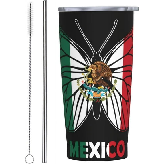 Mexico Flag Butterfly 20oz Stainless Steel Tumbler with Lid and Straw, Double Wall Vacuum Insulated Coffee Cup Travel Mug for Hot and Cold Drinks