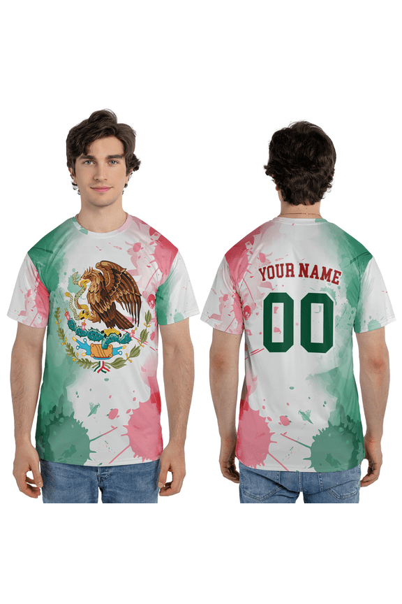 Mexico Flag Color Splash Art Graphic T-Shirt, Personalized Mexico Flag Eagle Pattern 3D Tee, Mexican Patriotic T-Shirt
