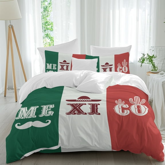 Mexico Flag Duvet Cover Set Twin Size, Green Red Color Cactus Hat Striped 4 Piece Soft Microfiber Bedding Set with 1 Duvet Cover, 1 Flat Sheet, 2 Pillowcases