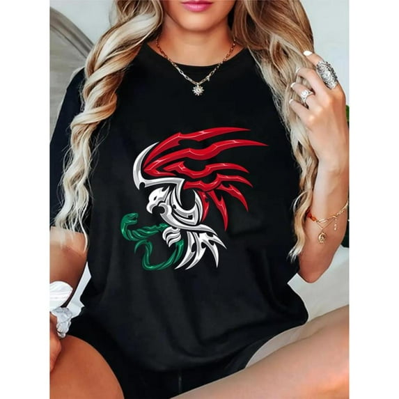 Mexico Flag Graphic Tee T-Shirt - Mexican Coat of Arms Tribal Style Tops, Round neck,Classic,cotton,black,S-5XL