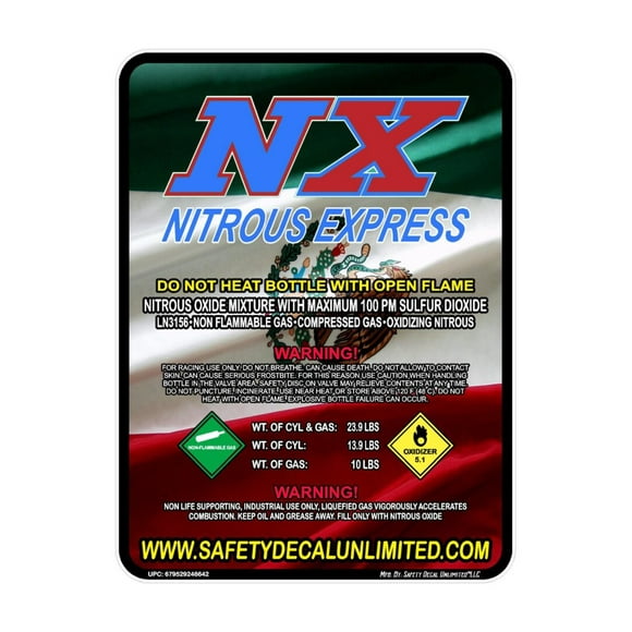 Mexico Flag Nitrous Oxide Bottle Replacement Refill Peel and Stick Label Decal Sticker Sign NOS Outlet Express 2 5 10 15 20lb Made in America (Non-Laminated 10LB) (NX)