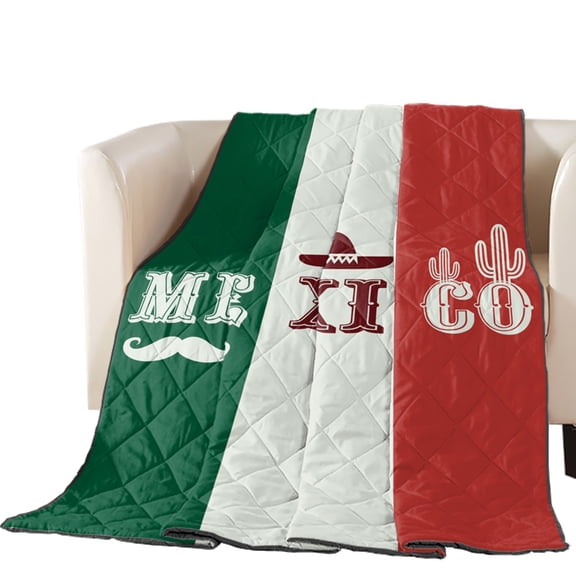 Mexico Flag Quilted Comforters Cooling Blanket King Size, Green Red Color Cactus Hat Striped Cold Comfort for Hot Sleepers Lightweight Air Conditioning Quilt Blanket for Bed