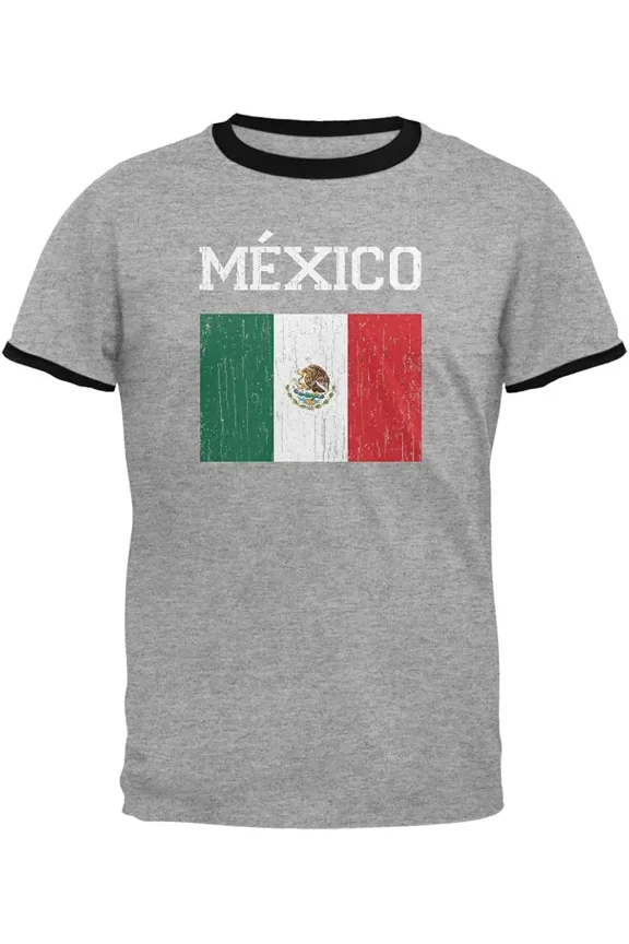 Mexico Flag Vintage Distressed Ringer T-Shirt Unisex Grey Heritage Pride Graphic Tee