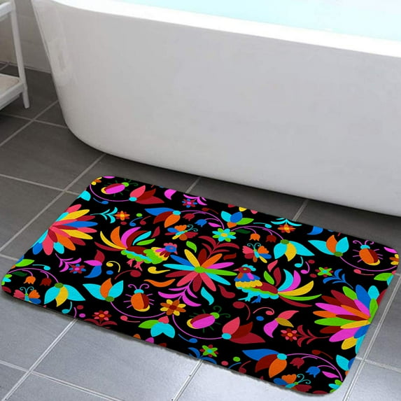 Mexico Floral Bath Rugs, Traditional Mexican Bluebird Otomi Style, Non-Slip Doormat Floor Entryways Indoor Front Door Mat 17X29in, Bathroom Accessories