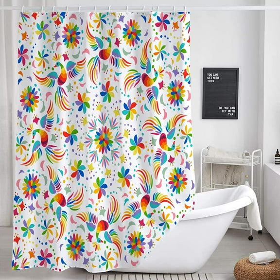 Mexico Floral Shower Curtain for Bathroom, Traditional Mexican Boho Shower Curtain Set, Bright Bird Paisley Flowers Ethnic Colorful Fabric Bath Curtain Morden Bathroom Accessory 12PCS Hooks, 70X70IN