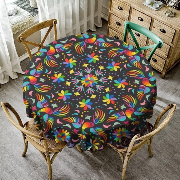 Mexico Floral Tablecloth, Traditional Folk Style Birds Flowers Colorful Ethnic Print Round Table Cloth for Home Kitchen Dining Party Patio Indoor Outdoor, Round(60x60in)