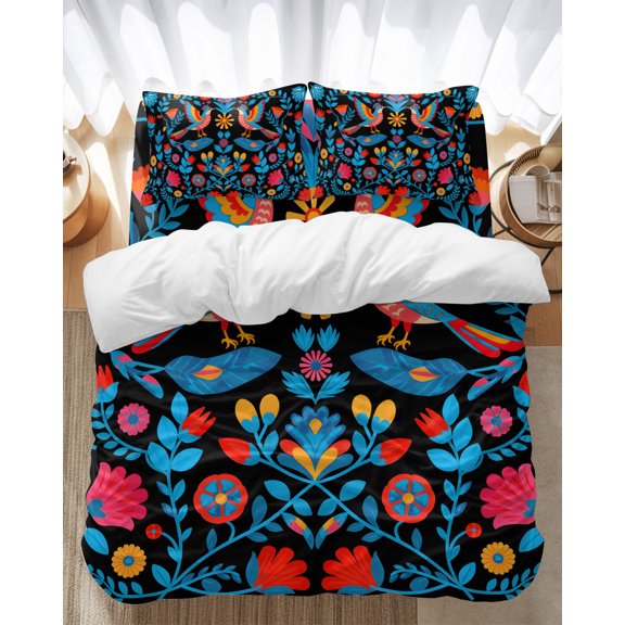 Mexico Flower Bird Bedding Duvet Cover Set Twin Size 4 Pieces Vintage Colorful Symmetry Art Bedding Set with Zipper Closure, 1 Comforter Cover 68x90 Inches 1 Flat Sheet & 2 Pillow Cases