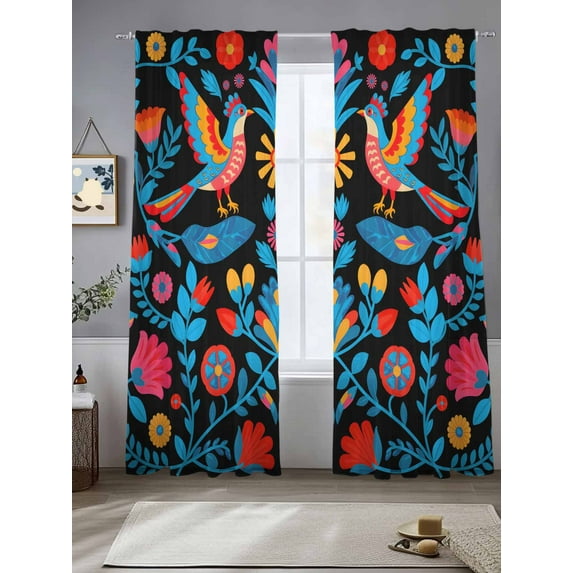 Mexico Flower Bird Sheer Curtains 96 Inches Long 2 Panels Vintage Colorful Symmetry Art Light Filtering Semi Sheer Window Curtains Drapes for Bedroom Living Room 52"x96"