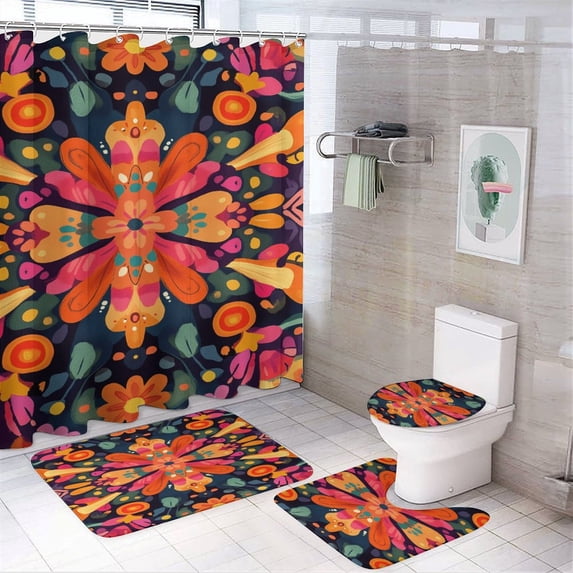 Mexico Flower Skulls Day Of The Dead (82) Shower Curtain Set 4PCs with Hooks Waterproof Bathroom Toilet Mat Lid Decor