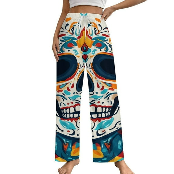 Mexico Flower Skulls Day Of The Dead Pajama Pants Breathable with Pockets Pajamas For Lady Vintage Sleeping Pants Bedroom Homewear