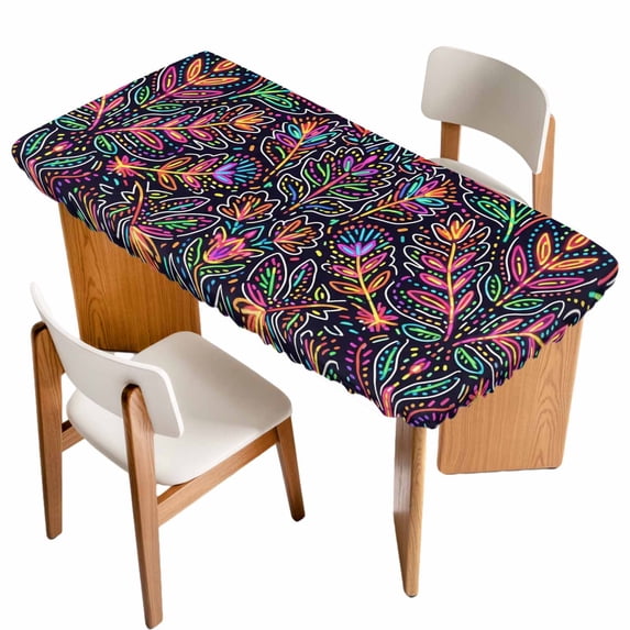 Mexico Flower Table Cloths for 3 Foot Rectangle Tables, Abstract Geometric Colorful Floral Plant Patio Waterproof Elastic Fitted Tablecloths, Washable Rectangular Table Cover for Camping