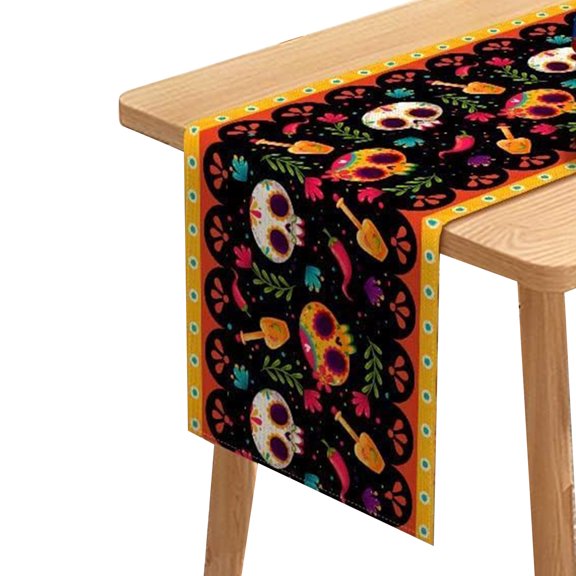 Mexico Flower Table Runner Halloween Skull Day of The Dead Tablecloth Party Dining Table Cover for Kitchen Home Decor