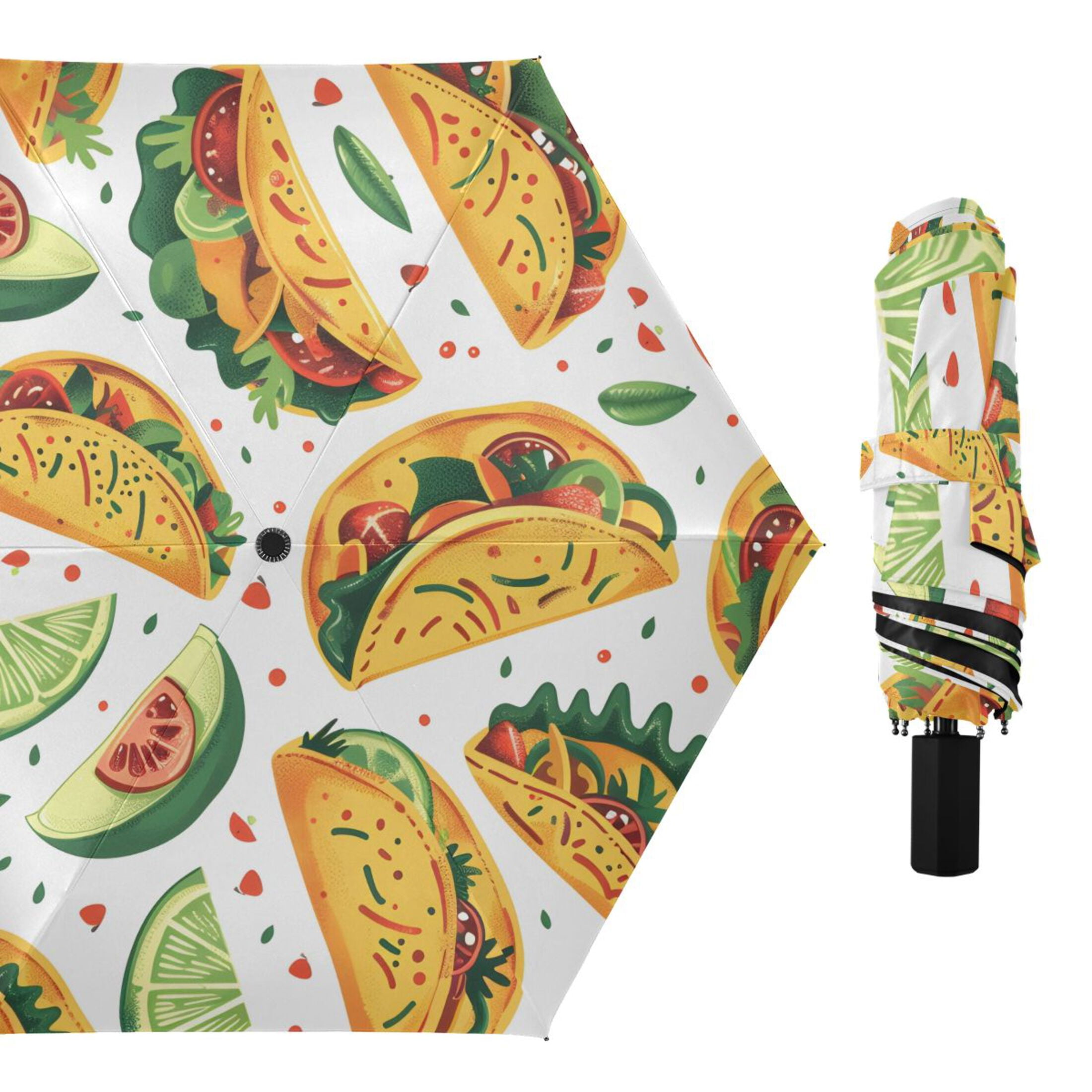 Mexico Food Tacos Chili Lemons All Weather Umbrella Triple Folding Parasol 6 Ribs UV Protection Portable