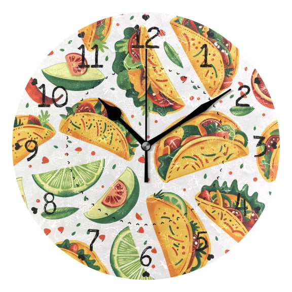 Mexico Food Tacos Chili Lemons Round Wall Clock Silent Analog Battery Operated Black Pointer Home Decor 9.84" Diameter